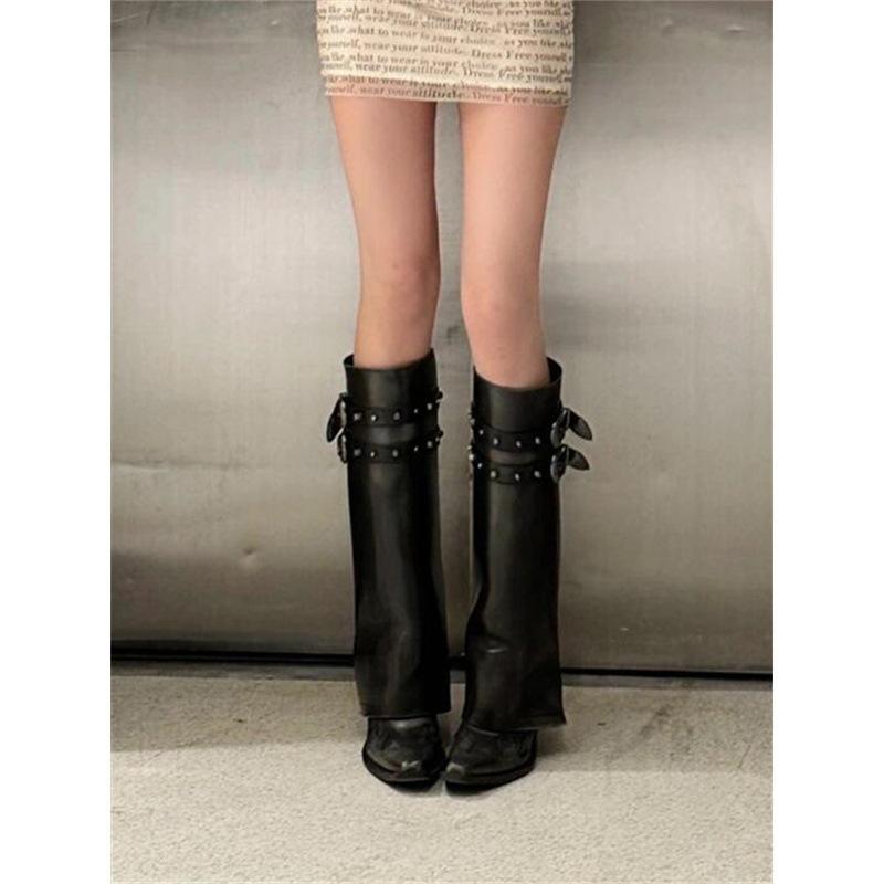 Niche Pointed Long Tube Western Cowboy Boots Women's 2025 New Spice Girl Rivet Thick Heel Trousers Knight Boots Black