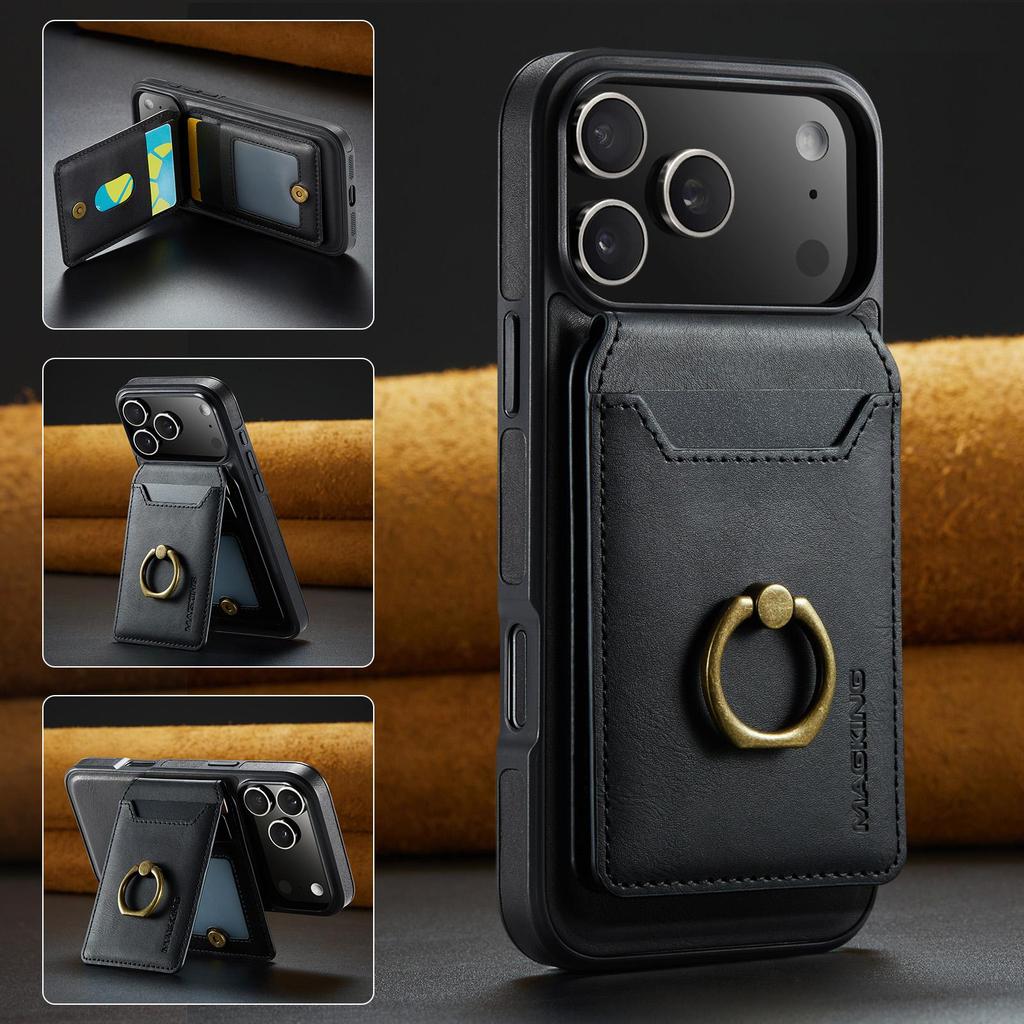 Ring Detachable Magnetic Leather Phone Wallet Case Stand For Magsafe iPhone 17 16 15 14 Plus 13 12 Pro Max Samsung S26 S25 S24 FE ID Card Holder Cover