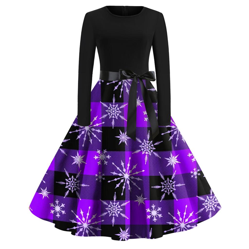 Women's Fashion Casual Round Neck Christmas Print Long Sleeve Dress