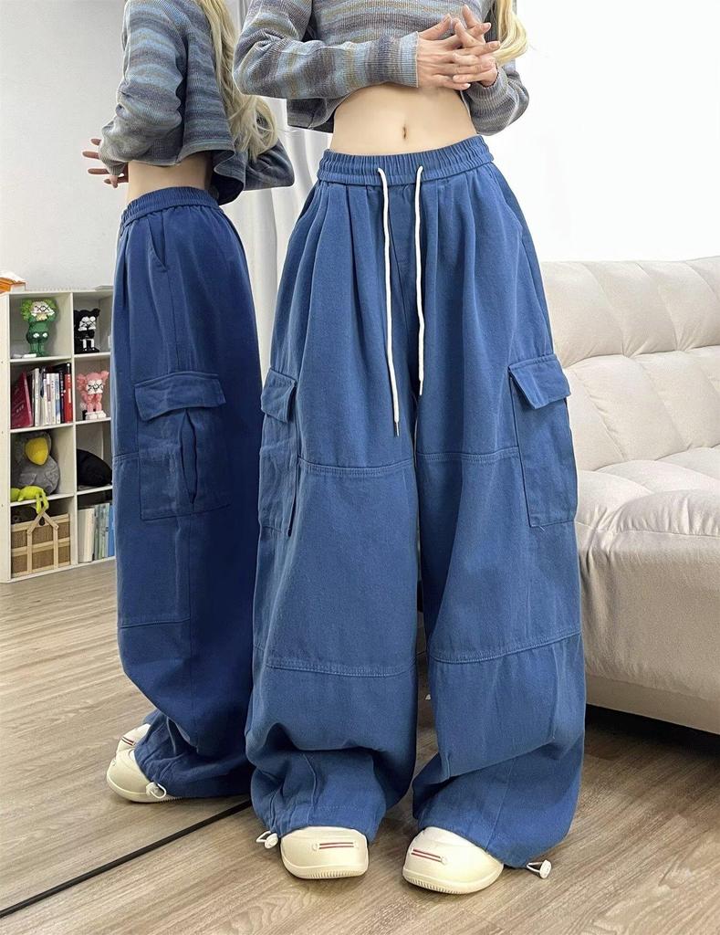 Retro High-Waisted Wide Leg Cargo Pants for Women - Street Dance Hip Hop Trousers, Straight Leg, Floor-Length