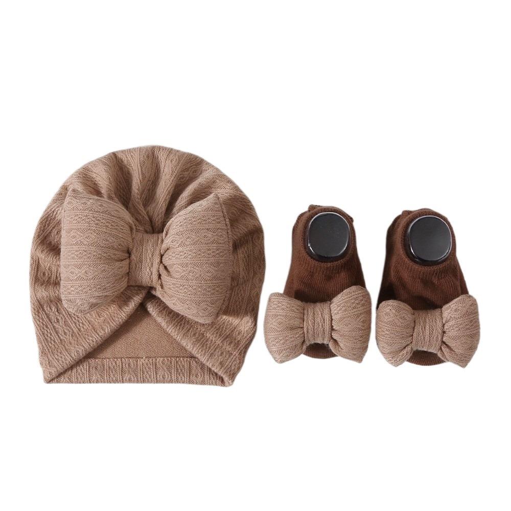 

3Pcs/Set Cotton Baby Fetal Cap 0-12 Months Newborn Turban Hat Soft Baby Hat Socks Set Toddler кофейный