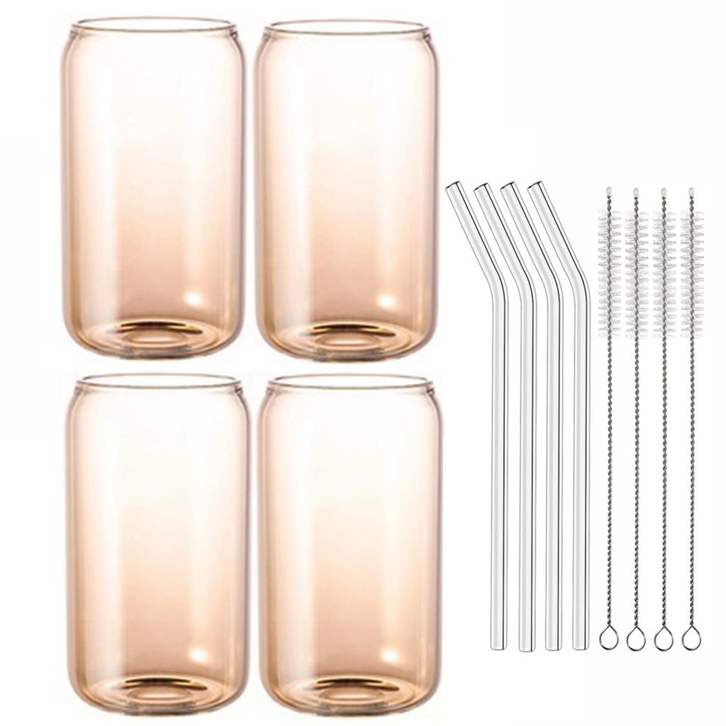 Trinkgläser mit Glasstrohhalm 4er-Set Dosenförmige Biergläser Tasse Eiskaffee-Gläser für Whiskey Soda Tee Cocktail Trinkgeschirr