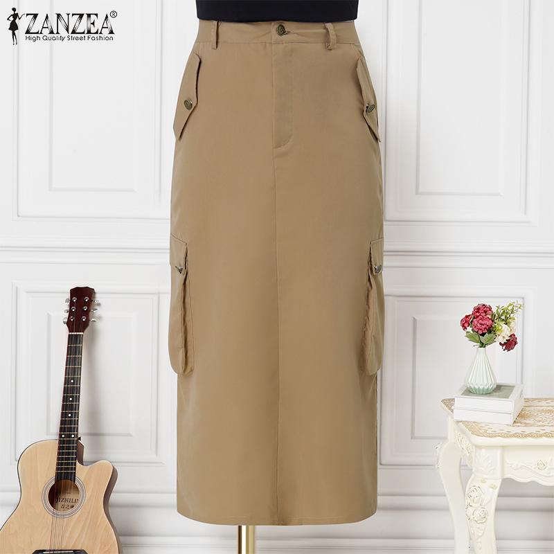 ZANZEA Femei Modă Talie Înaltă Buzunar Fuste Drepte Largi