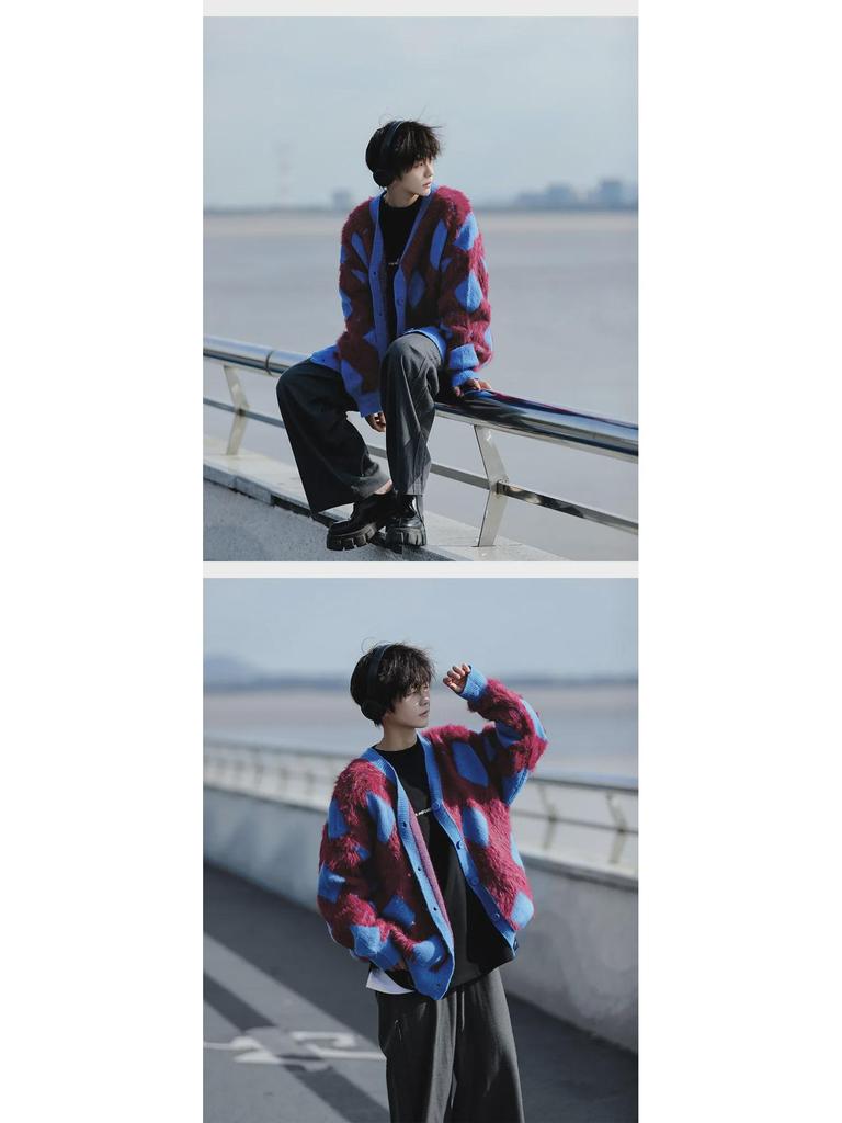 Herren Retro College-Stil Rautenmuster Strickjacke - Herbst/Winter Freizeitstrickpullover für Paare.