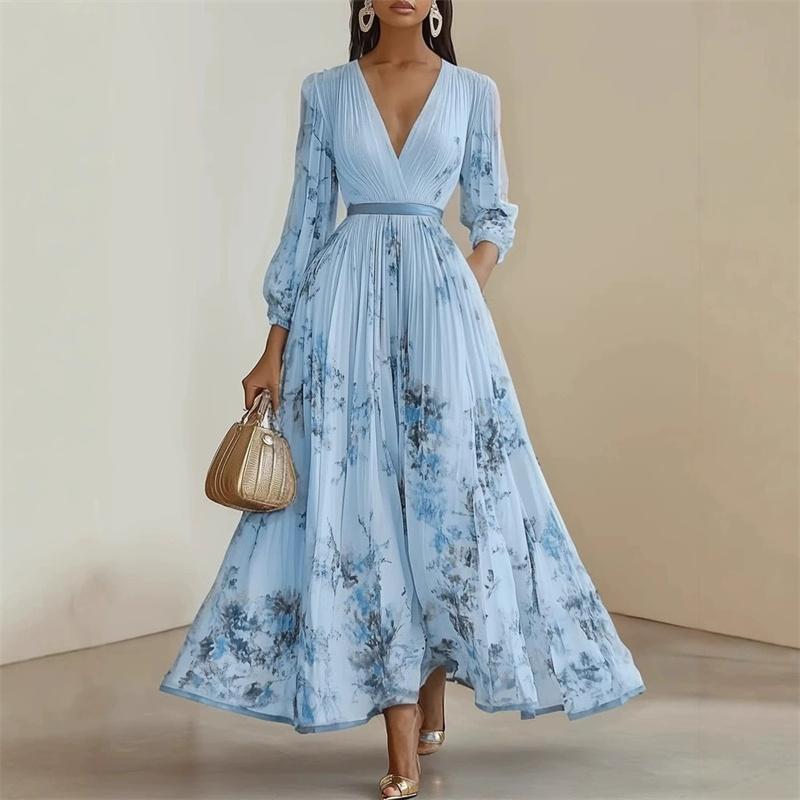 Spring Summer Ladies Elegant Dress Sexy V-neck Print Long Sleeve Big Swing A-line Holiday Dress Women Maxi Dresses Clothing