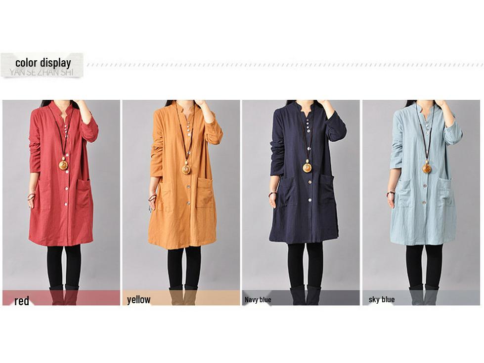 2025 Spring Korean Plus Size Women's Cotton Linen Shirt Dress with Half-Open Collar and Long Sleeves