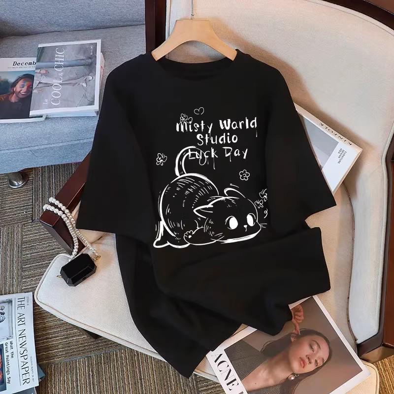 Summer 2026 Women's Loose-Fit Cartoon Cotton T-Shirt - Stylish & Versatile Mid-Length Design