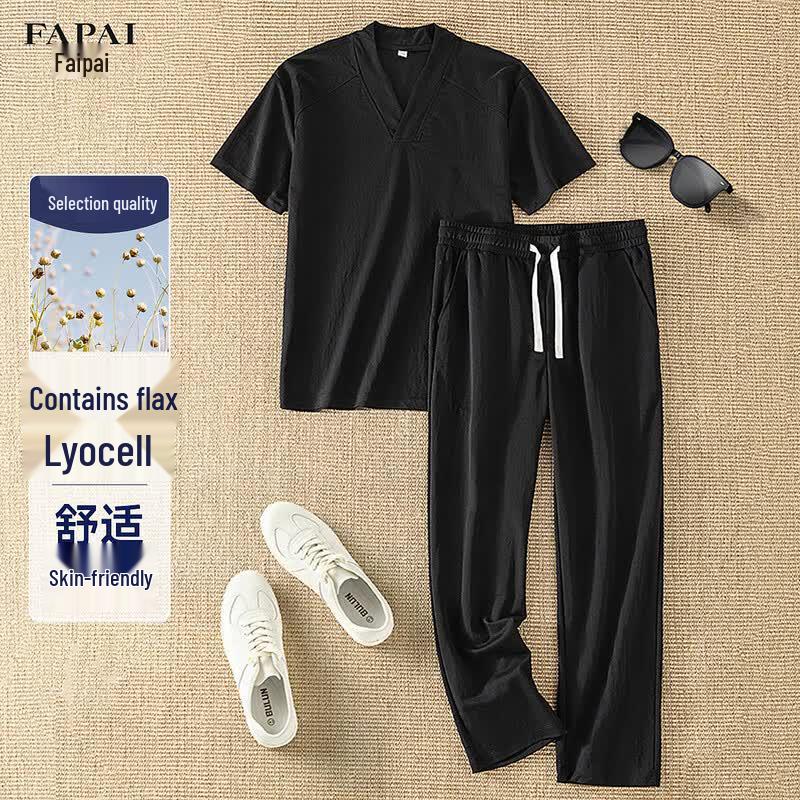 FAPAI Men s Linen Blend Casual Short Sleeve & Long Pants Set XL чёрный