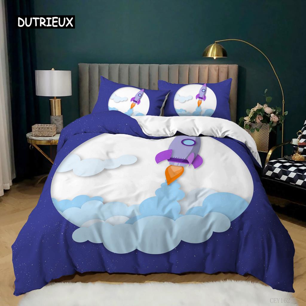 3D Rocket Duvet Cover Set Twin Size Microfiber Space Shuttle Galaxies Bedding Set for Kids Teens Boys Cartoon Style Quilt Cover