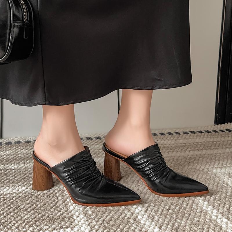 Fashion 2025 New Summer Women Mules Pointed Toe High Heel Shoes Genuine Leather Women Shoes Cover Toe Slingback Sandals Modern Slippers