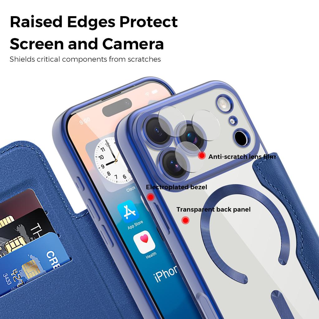 Luxury Plating Edge Clear Magnetic Charging Case For IPhone 17 Pro Max Air 16 15 Plus Fold Leather Card Bracket Shockproof Cover