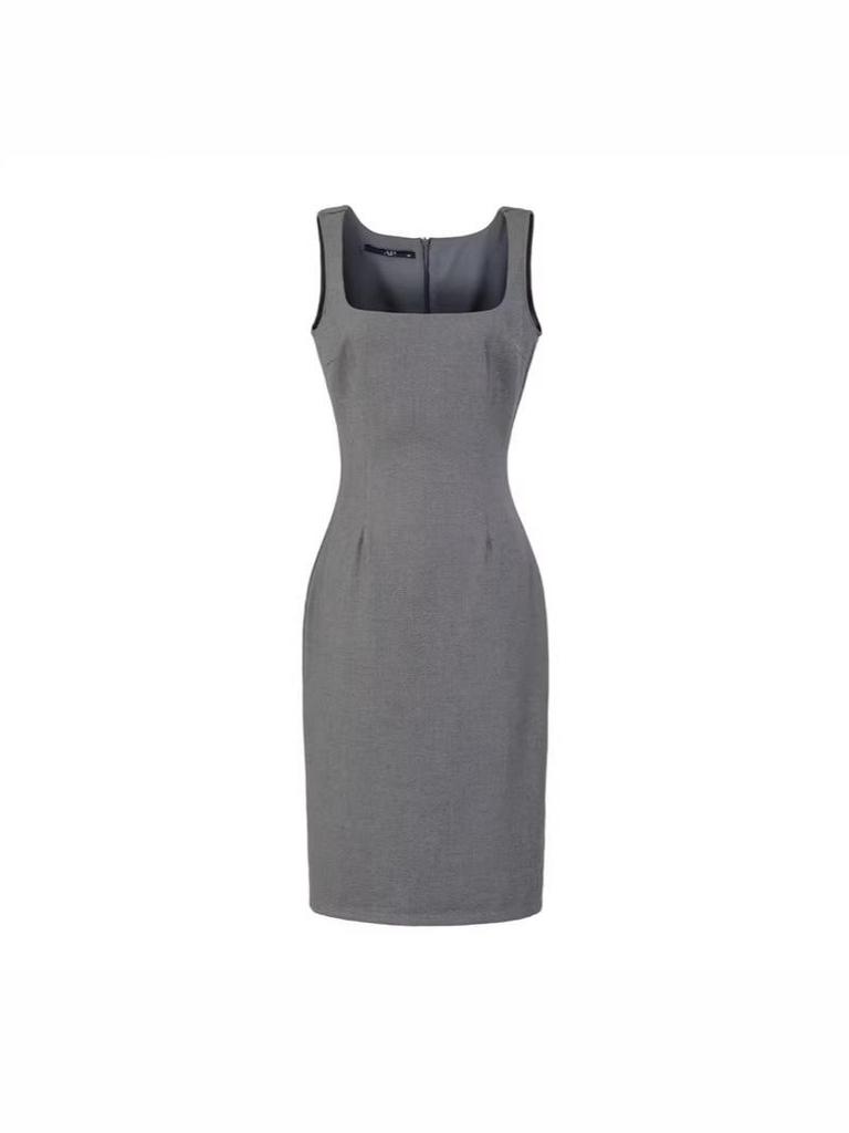 Women's Gray Vest Suit Dress - Retro Sleeveless Sheath with Waist-Cinched High-End Style