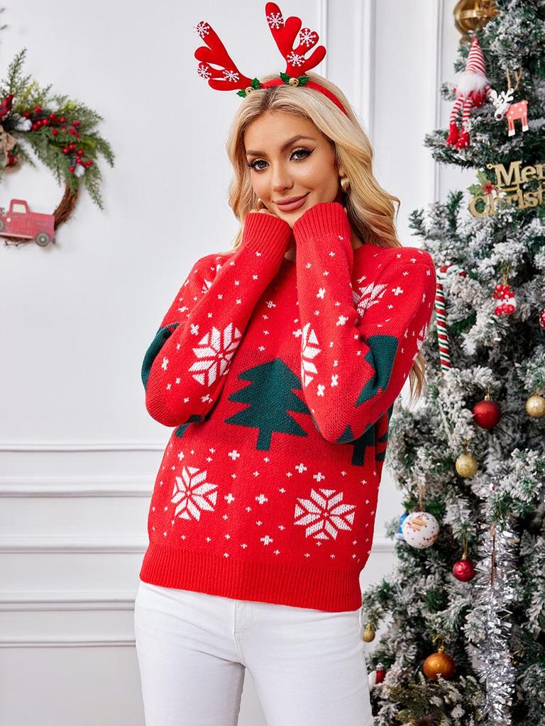 2024 Europäisch-Amerikanischer Damen Weihnachtsbaum Jacquard Strickpullover - Rot, Herbst/Winter