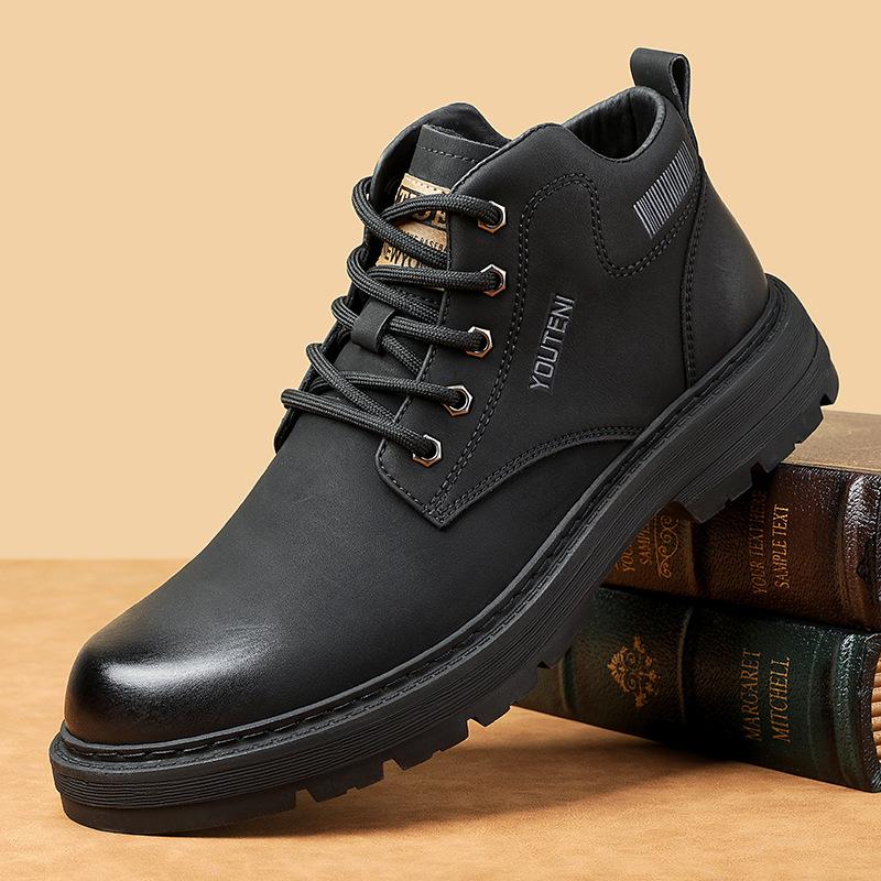 Men's High-Top Leather Martin Boots, 2024 Autumn/Winter, Plus Velvet, Warm Mid-Top Work Boots