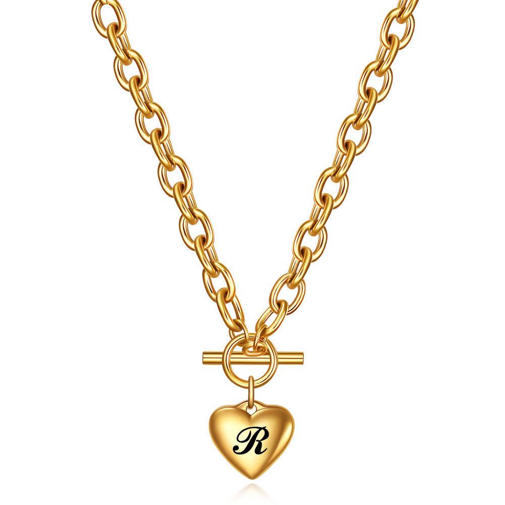 18K Gold 26-Letter Heart OT Pendant Necklace in Titanium & Stainless Steel