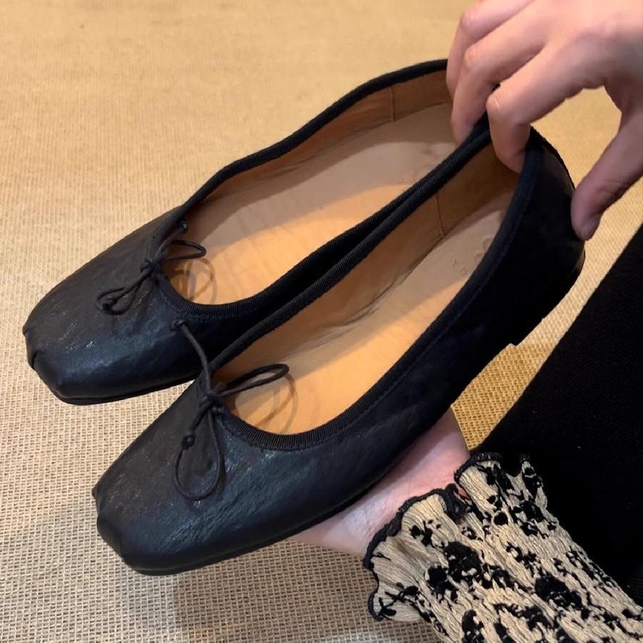 Washed cowhide~ Genuine leather ballet shoes for women to wear bows, temperament, shallow mouth flat-soled single shoes, retro grandma shoes