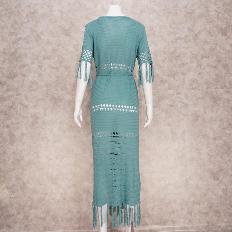 2022 New Knitted Bikini Cover Up Sexy Hollow Fringe Tunic Long Cardigan Casual Short Sleeve Women's Swimwear Cover Up Q451