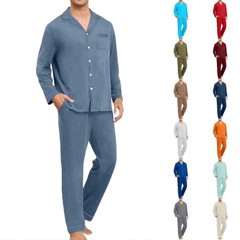 Men's Comfortable Button-Down Pajama Set Long Sleeve Loungewear for Sleep and Home