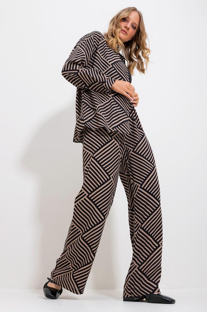 Set de top și de jos pentru femei, la modă din sezonul nou, nisip, bej-negru, cămașă și pantaloni cu model, set de top și de jos țesute