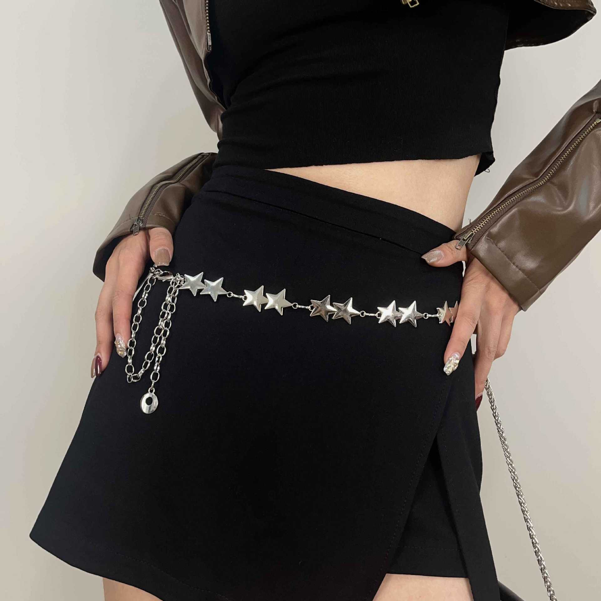 

Винтажная металлическая цепочка на талию со звездой Женские аксессуары Джинсы Короткая юбка Ремень Декоративное платье Тренд