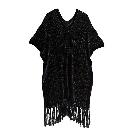 

Женский трикотажный купальник, накидка, короткие рукава, круглый вырез, пляжная одежда, вязаное крючком платье с кисточками для отпуска на пляже чёрный
