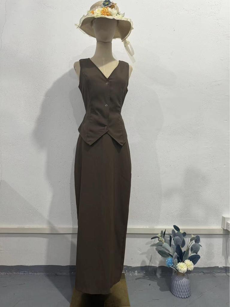 2024 Summer Two-Piece Outfit - Solid Color Lightweight Sleeveless Midi Dress Set