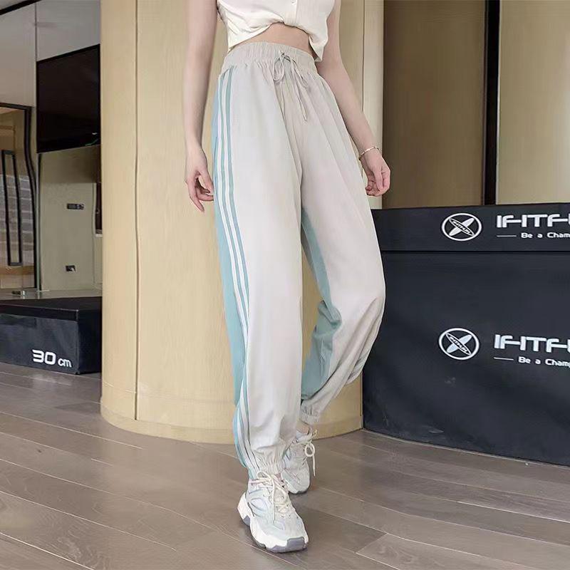 Women's Colorblock Drawstring Yoga Pants - Casual, Breathable, Quick-Drying, Loose Fit with Ankle Cuffs for Spring/Autumn Sports & Fitness.