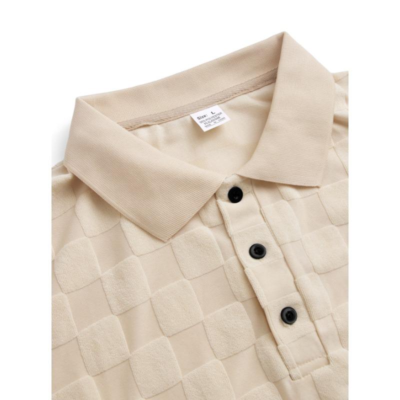 Mens Casual Check Jacquard Short Sleeve Collared Polo Shirt Breathable Loose Summer T-Shirt