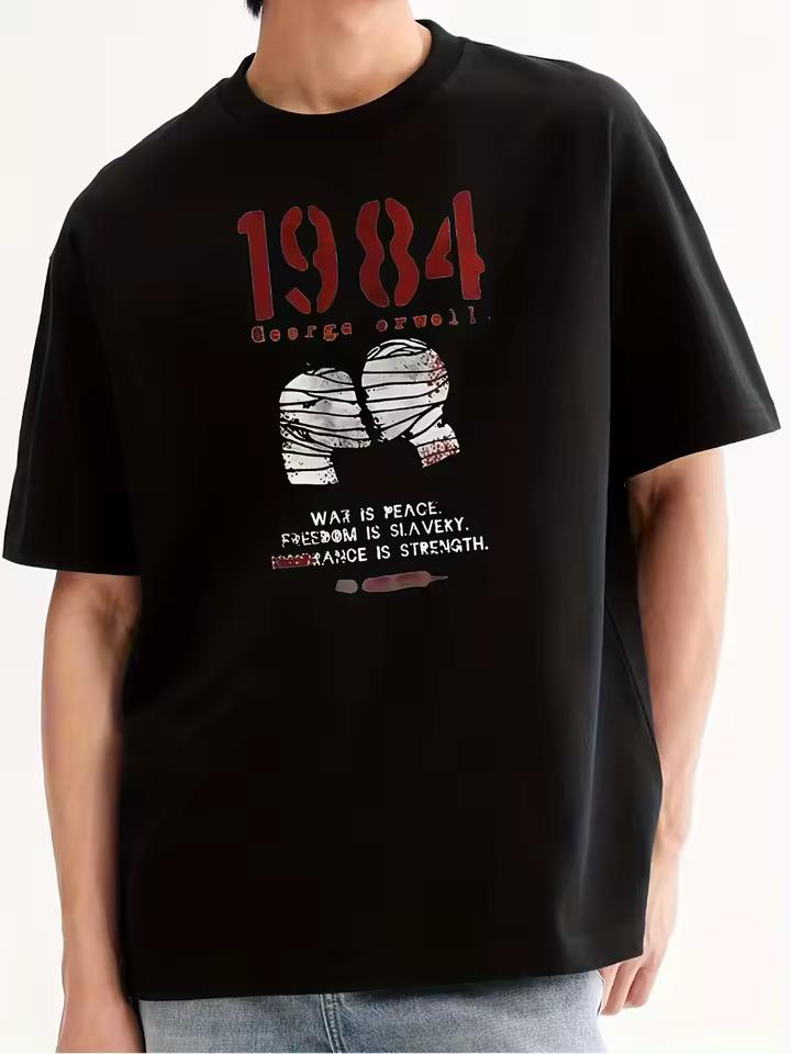Men's George Orwell 1984 Novelty T-Shirt - Peace Department Design with Big Brother Icon - Black T-Shirt with Red 1984 Slogan