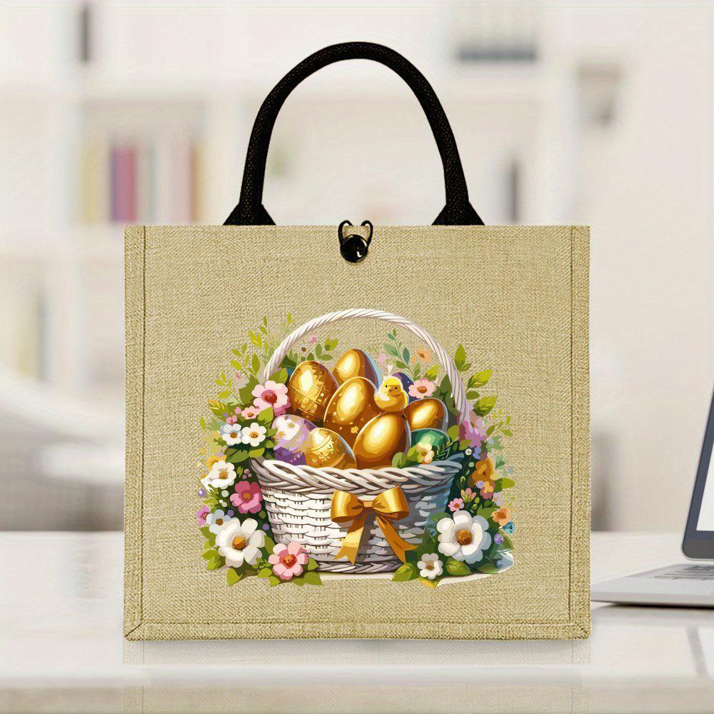 

Vibrant Easter Egg & Floral Pattern Tote Bag for Outdoor Picnic Travel