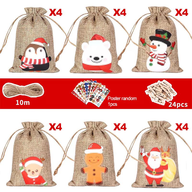 

2026 Christmas Advent Calendar Small Christmas Gift Bags Tiny Christmas Burlap Candy Bag Holiday New Year Party Favors Supplies 10cm 15cm