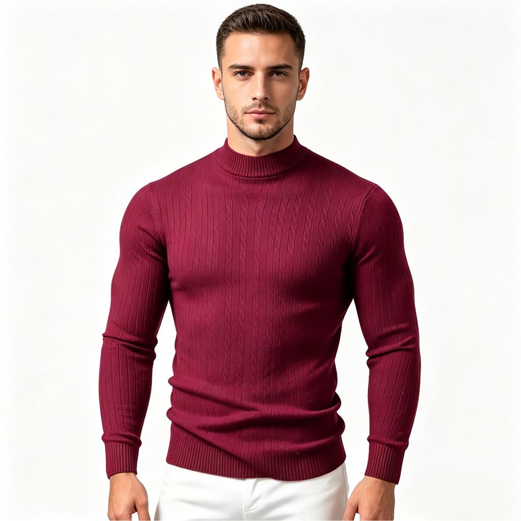 Men's Mock Neck Knit Sweater Color Stretch Pullover for Spring and Fall