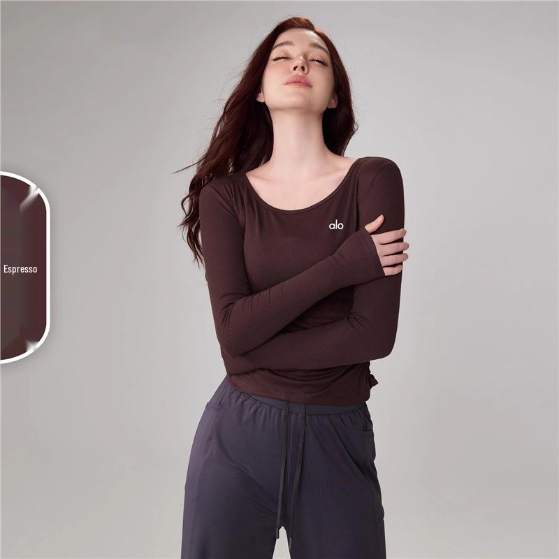 Alo Yoga Figurbetontes geripptes Rundhals-Leichtgewicht-Yoga-Top für Frühling & Sommer