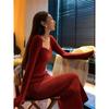 Autumn New Women's High-end Temperament Socialite Long-sleeved Red Sweater Knitted Bottoming Dress Autumn and Winter