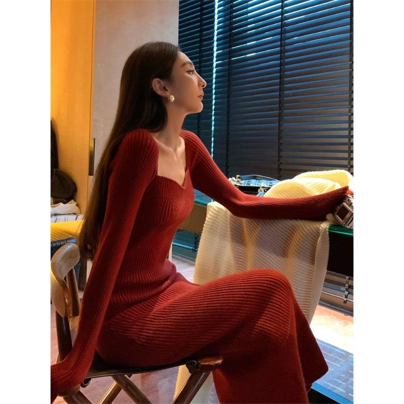 Autumn New Women's High-end Temperament Socialite Long-sleeved Red Sweater Knitted Bottoming Dress Autumn and Winter