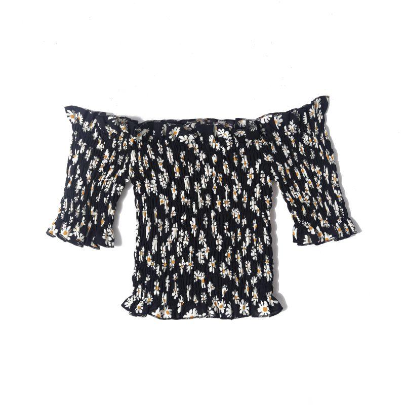

2024 Summer Women s French Style Retro Print Elegance Wooden Ear off-Shoulder Pullover Short Sleeve Silm Short Shirt Little Daisy S