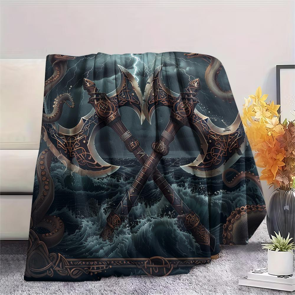 Viking Battle Axe pattern Flannel Blanket, High quality Comfortable for All Seasons, Home Decor, Warmth and Comfort, Perfect for Gifts.