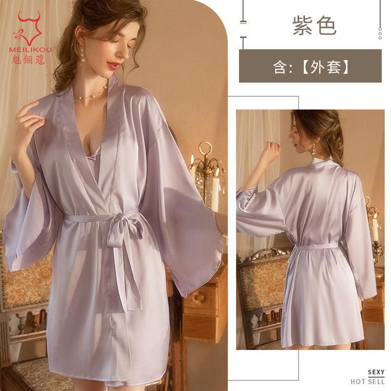 

Sexy light luxury ice silk nightgown multi-color matching can be worn outside lace-up satin loungewear jacket morning robe jacket One size fits all фіолетовий