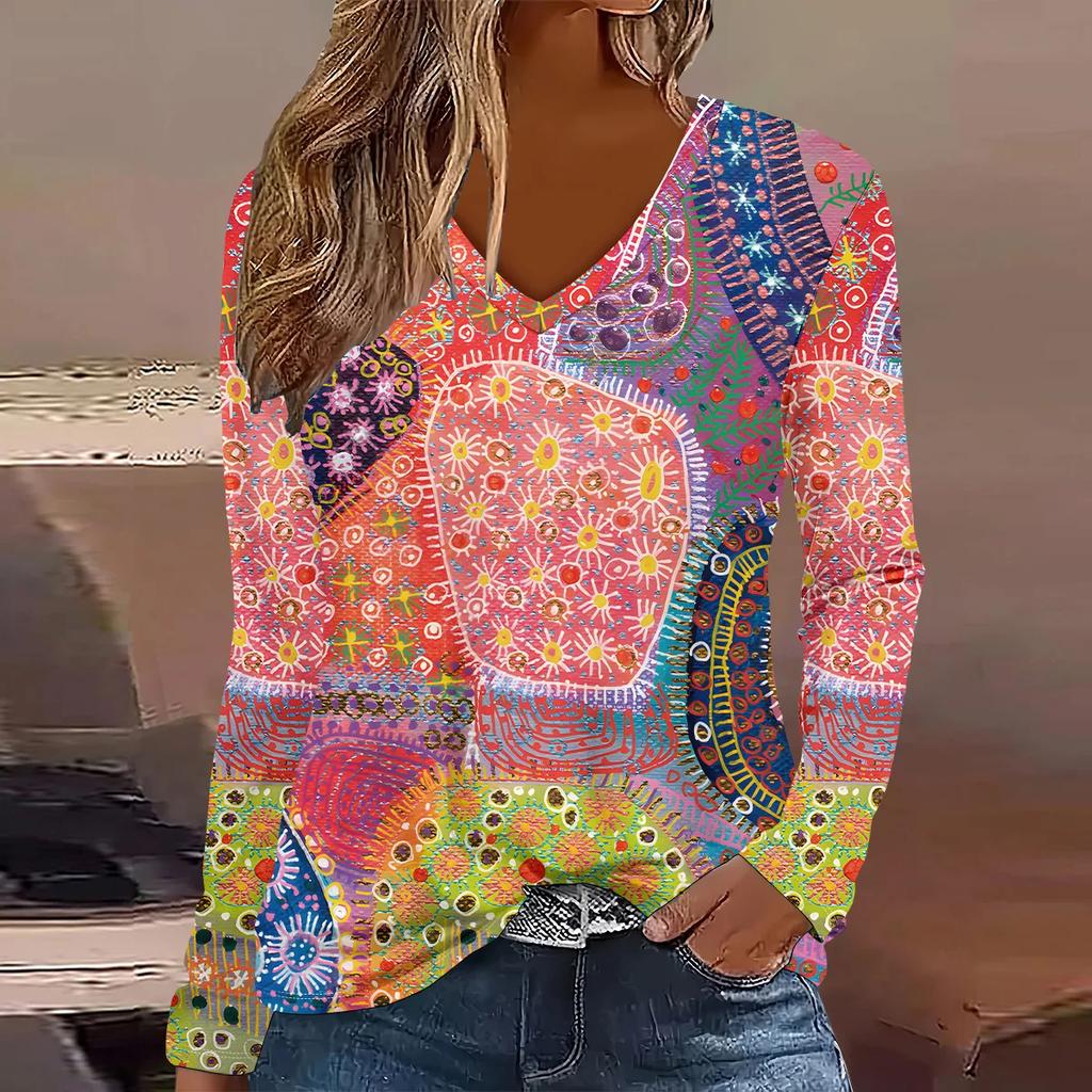 Plus Size European and American Fashion 2025 Women's Elegant V-neck Long Sleeve T-shirt
