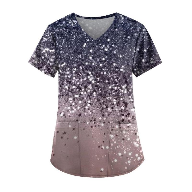 Casual Nurse Uniform Print Women Short Sleeve Tops V-neck Blouse Shirt Pocket Beauty Care Scrub Uniforms Enfermera Mujer 2023