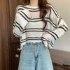 Women's Blue Striped Thin Knit Top Spring Autumn Thin Lazy Style Loose Sun Protection Cover-up Hollow Out Short Top Summer