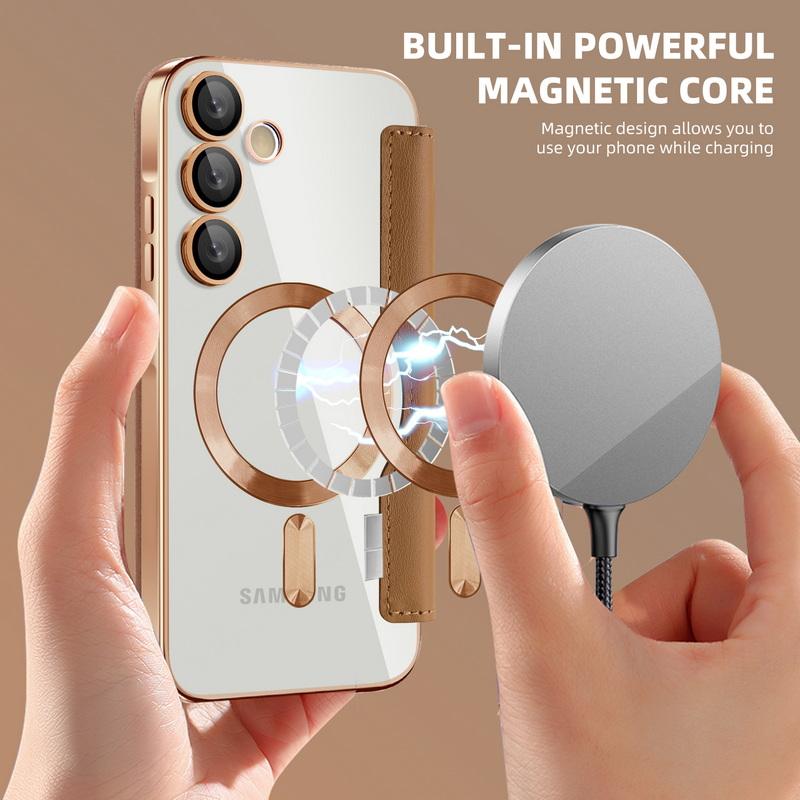 Business Leather Card Slot Folding Case For Samsung S25 Edge S24 FE S23 Ultra A56 A36 A16 A55  Wireless Charge Magnetic Clear Shockproof Phone Cover