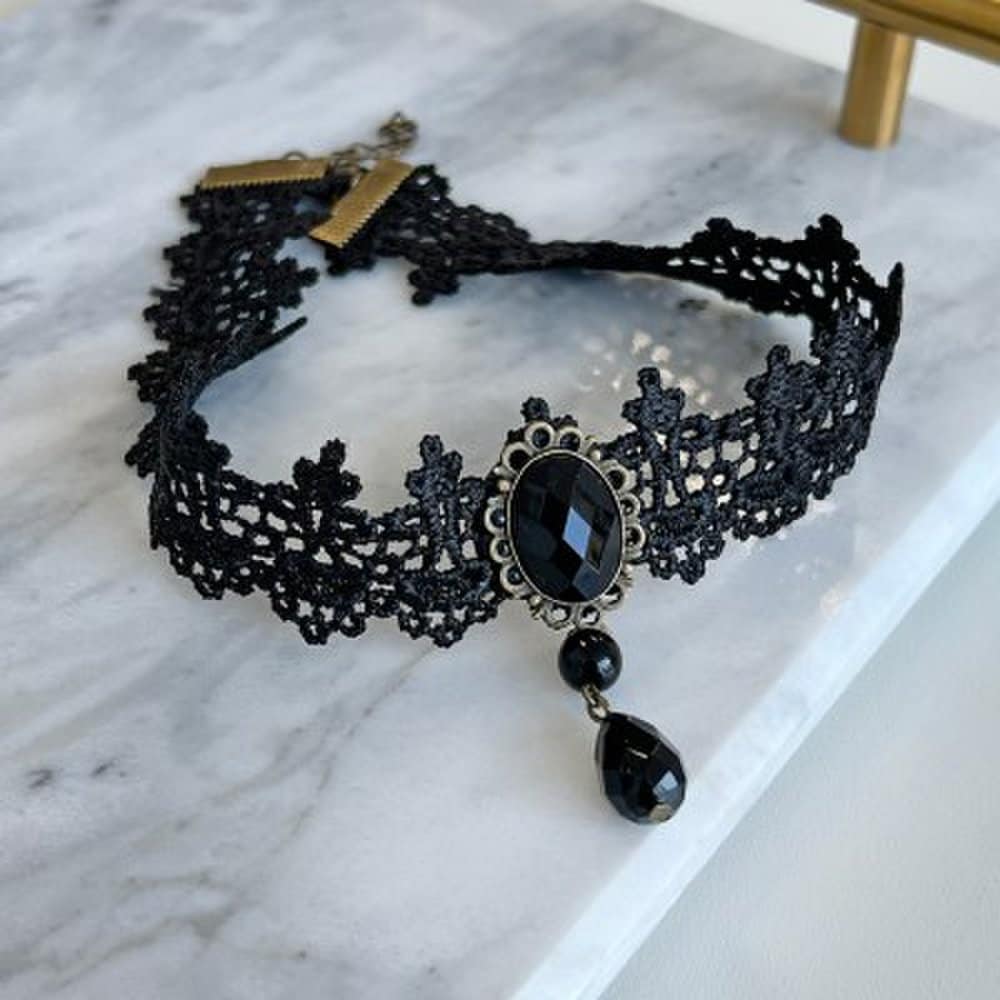 Zc179 Wide Palace Lace Black Ruby Drop Choker