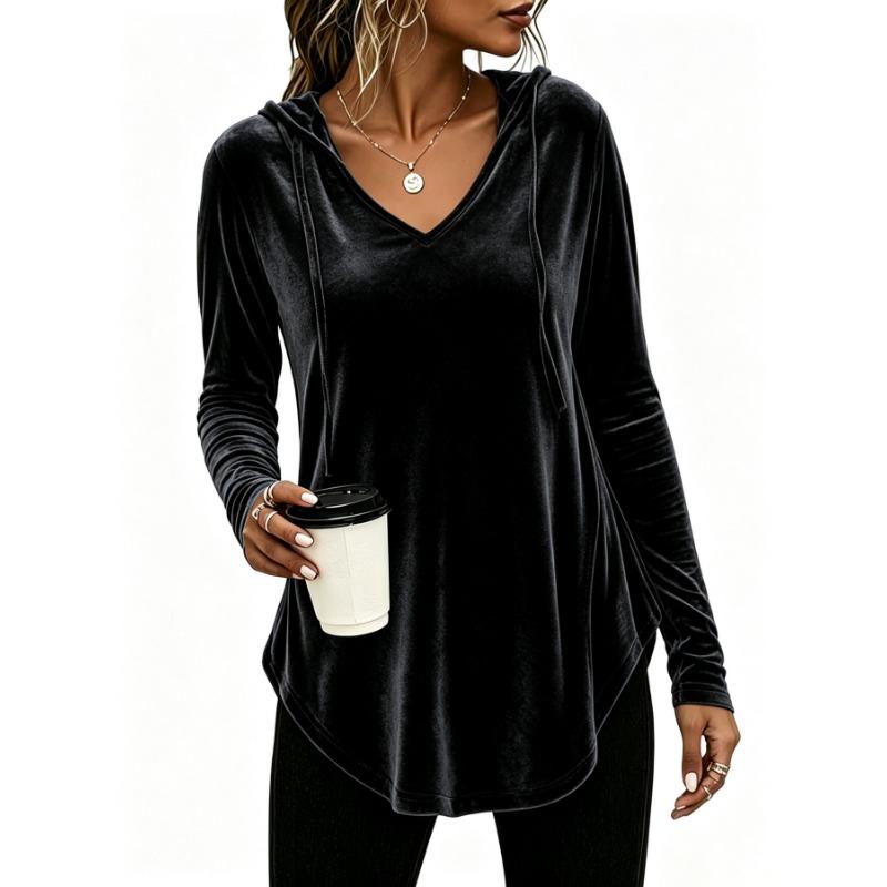 Women Fashion Casual Hooded V Neck Long Sleeve Solid Pullover Sweatshirt