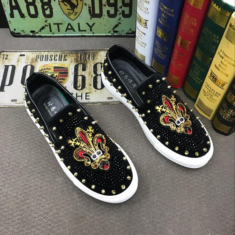 Fashion Luxury Designer New Men's Britain Rhinestone Rivet Embroidery Casual Flats Platform Shoes Zapatos Hombre Sport Walking Sneakers