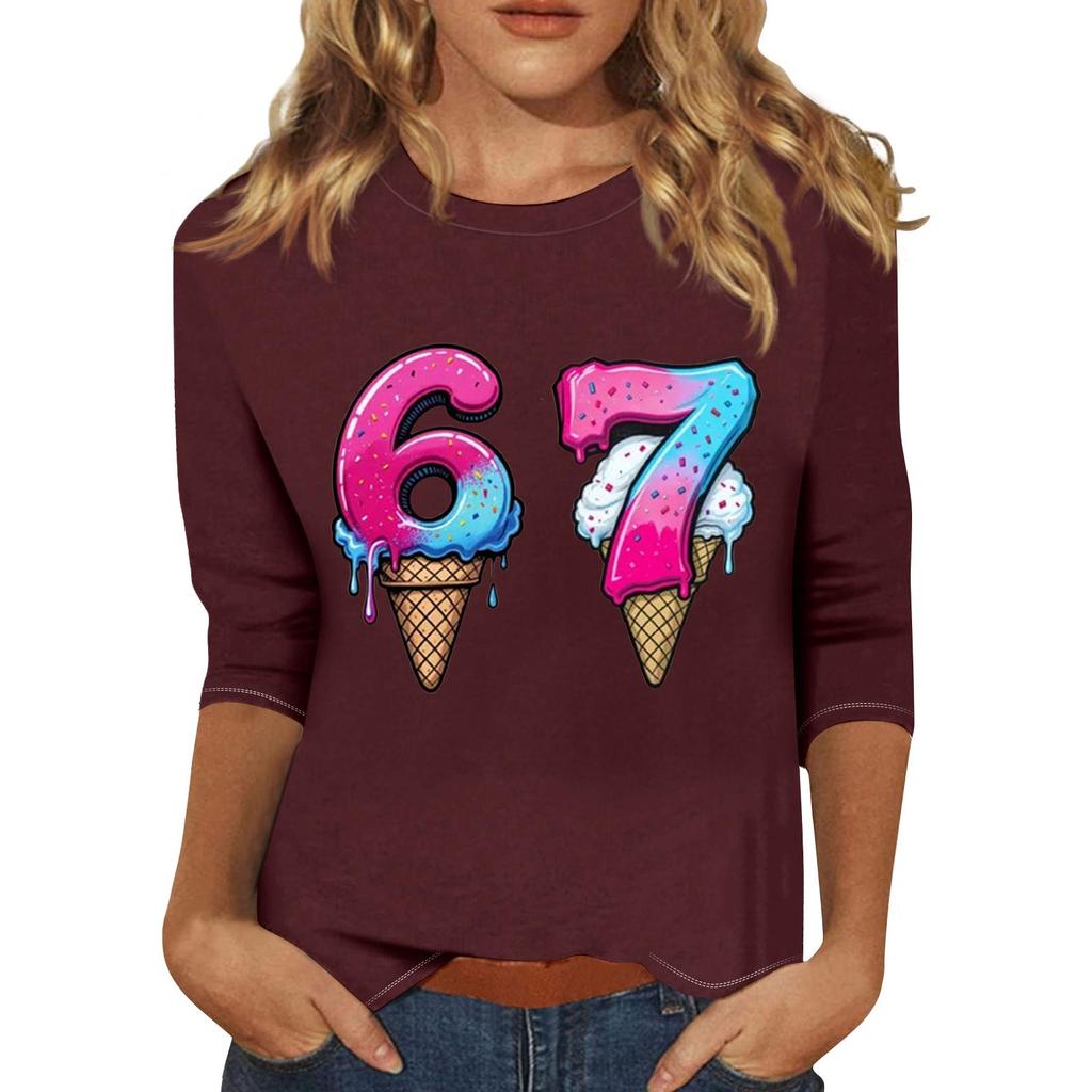 Women's Fashionable Casual Three-Quarter Sleeve Printed Neck T-Shirt Top