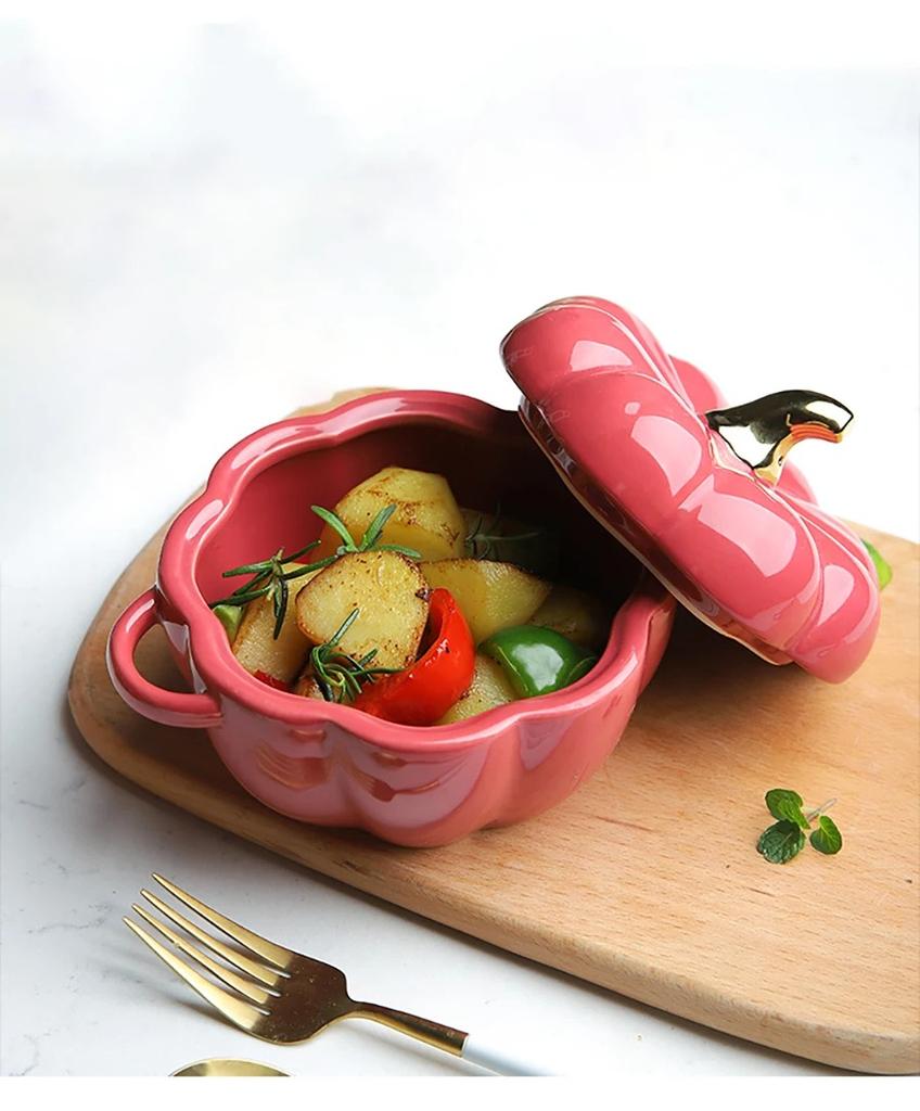 Ceramic Bowl with Lid, Pumpkin Cup, Steamed Egg Salad Bowl, Stew Cup, Children's Soup Bowl, Rice Bowl, Household Kitchen