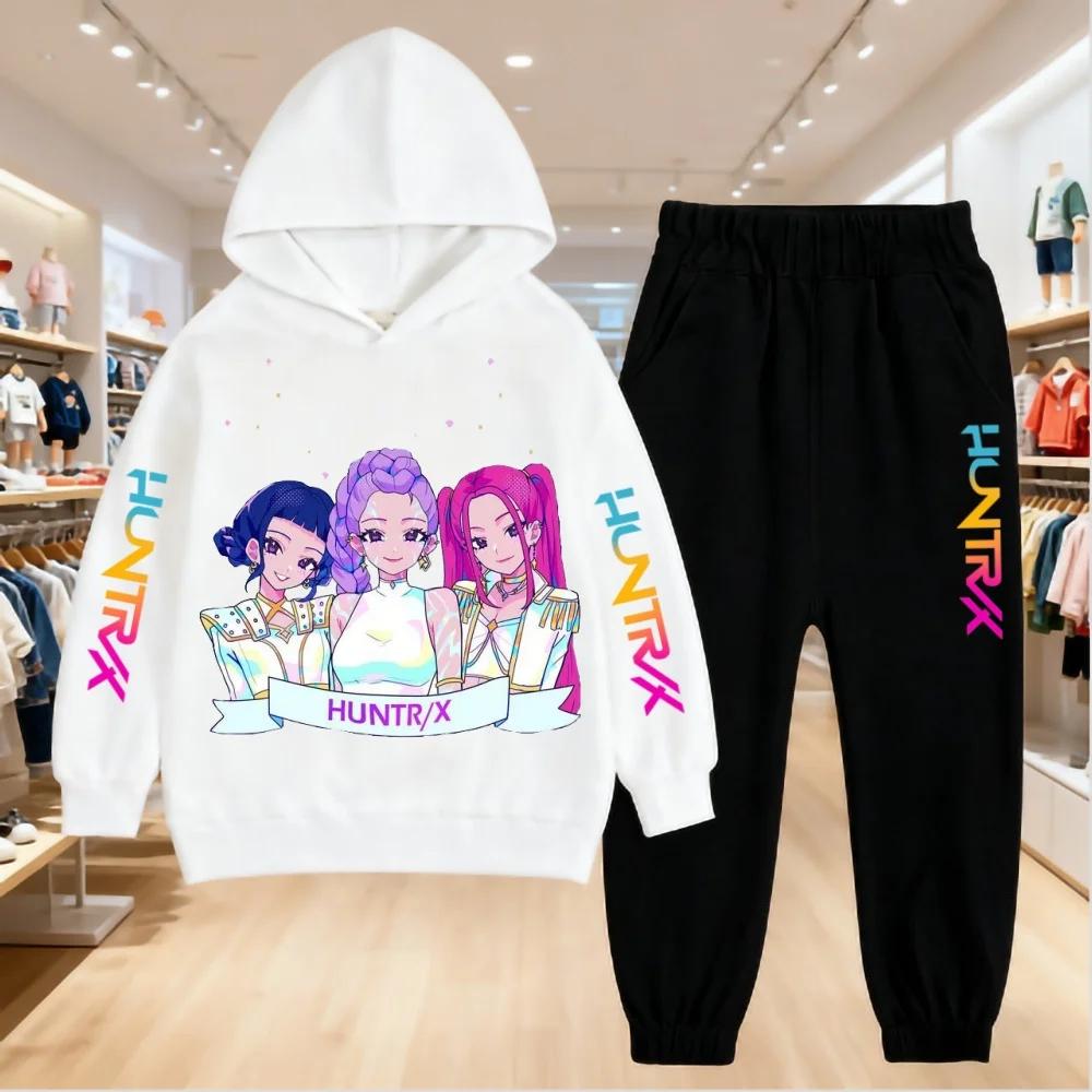 KPop Devil Hunter Cartoon Printed Children's Hoodie with Sports Pants Casual Fashion Set