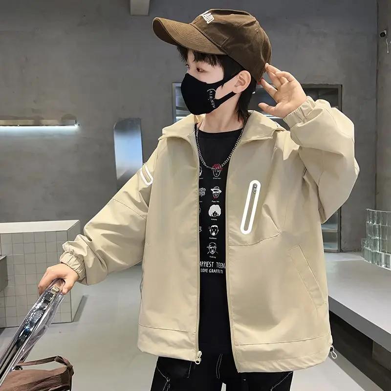 Boys Outerwear Windproof Jacket for Big Children's Outdoor Autumn Hooded Zipper Windproof Jacket for Spring and Autumn