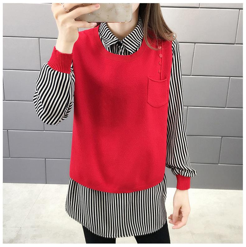 Sweater Women Autumn New Outer Wear Loose Shirt Collar Fake Two Piece Knit Sweater